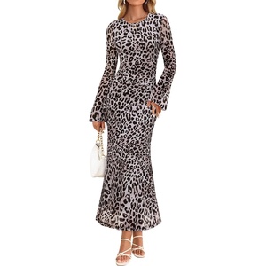 image:imageZESICA Womens Long Sleeve Floral Fall Bodycon Ruched Mesh Maxi Formal DressLeopard