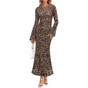image:imageZESICA Womens Long Sleeve Floral Fall Bodycon Ruched Mesh Maxi Formal DressLeopard Brown