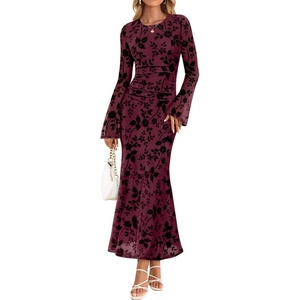 image:imageZESICA Womens Long Sleeve Floral Fall Bodycon Ruched Mesh Maxi Formal DressMauve