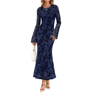 image:imageZESICA Womens Long Sleeve Floral Fall Bodycon Ruched Mesh Maxi Formal DressNavy