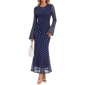 image:imageZESICA Womens Long Sleeve Floral Fall Bodycon Ruched Mesh Maxi Formal DressNavy Polka Dot