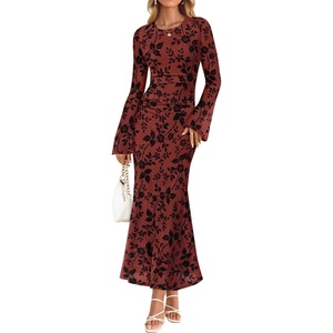 image:imageZESICA Womens Long Sleeve Floral Fall Bodycon Ruched Mesh Maxi Formal DressRust