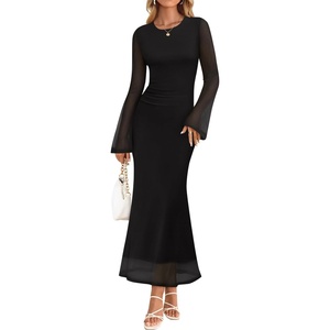 image:imageZESICA Womens Long Sleeve Floral Fall Bodycon Ruched Mesh Maxi Formal DressSolid Black