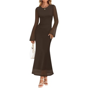 image:imageZESICA Womens Long Sleeve Floral Fall Bodycon Ruched Mesh Maxi Formal DressSolid Coffee