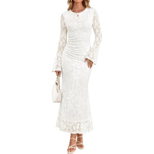 image:imageZESICA Womens Long Sleeve Floral Fall Bodycon Ruched Mesh Maxi Formal DressWhite