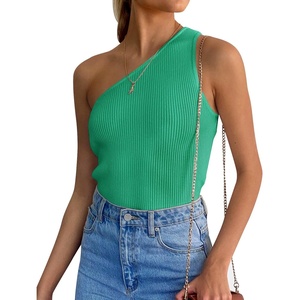image:imageZESICA Womens One Shoulder Tank Summer Sleeveless T Shirt Ribbed Knit Slim Fit Sexy Casual Basic Tee TopsGreen
