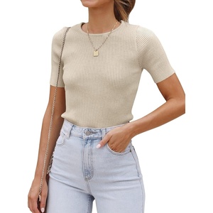 image:imageZESICA Womens Short Sleeve Sweater Tops 2026 Summer Crewneck Basic T ShirtAlmond