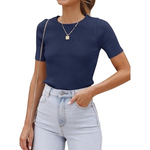 image:imageZESICA Womens Short Sleeve Sweater Tops 2026 Summer Crewneck Basic T ShirtNavy