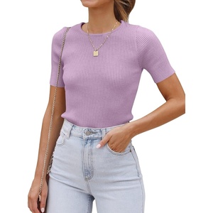 image:imageZESICA Womens Short Sleeve Sweater Tops 2026 Summer Crewneck Basic T ShirtPurple