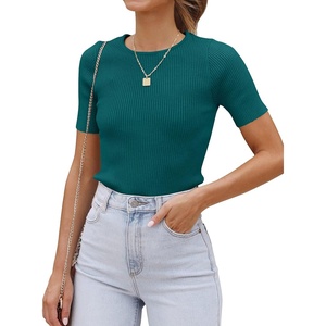 image:imageZESICA Womens Short Sleeve Sweater Tops 2026 Summer Crewneck Basic T ShirtTeal