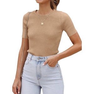 image:imageZESICA Womens Short Sleeve Sweater Tops 2026 Summer Crewneck Basic T ShirtToffee