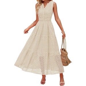 image:imageZESICA Womens Sleeveless V Neck Hollow Out Eyelet A Line Flowy Maxi DressApricot
