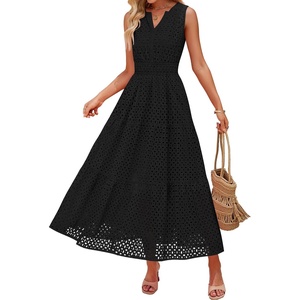 image:imageZESICA Womens Sleeveless V Neck Hollow Out Eyelet A Line Flowy Maxi DressBlack