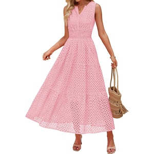 image:imageZESICA Womens Sleeveless V Neck Hollow Out Eyelet A Line Flowy Maxi DressPink