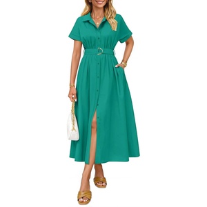 image:imageZESICA Womens Summer Button Down Short Sleeve Midi DressGreen