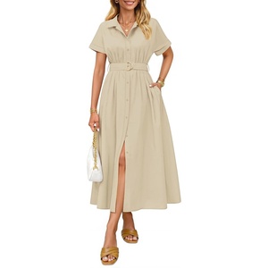 image:imageZESICA Womens Summer Button Down Short Sleeve Midi DressNatural