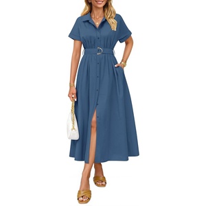 image:imageZESICA Womens Summer Button Down Short Sleeve Midi DressNavy