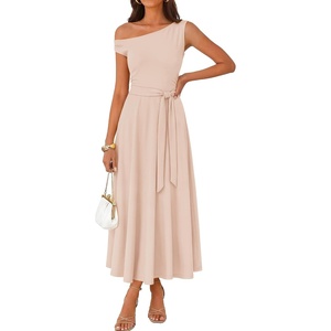 image:imageZESICA Womens Summer Casual One Shoulder Tie Waist Maxi DressApricot