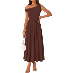 image:imageZESICA Womens Summer Casual One Shoulder Tie Waist Maxi DressBrown
