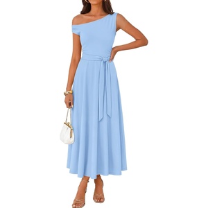image:imageZESICA Womens Summer Casual One Shoulder Tie Waist Maxi DressLight Blue
