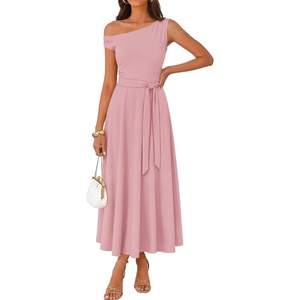 image:imageZESICA Womens Summer Casual One Shoulder Tie Waist Maxi DressPink