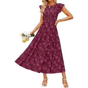 image:imageZESICA Womens Summer Floral Boho Smocked Flowy Maxi DressWine