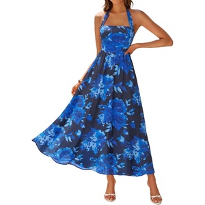 image:imageZESICA Womens Summer Floral Halter Off the Shoulder Maxi DressDarkblue