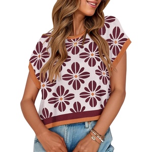 image:imageZESICA Womens Summer Floral Print Short Sleeve Knit Sweater VestWine