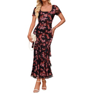 image:imageZESICA Womens Summer Floral Short Sleeve Bodycon Maxi Wedding Guest DressBlack