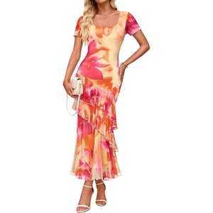 image:imageZESICA Womens Summer Floral Short Sleeve Bodycon Maxi Wedding Guest DressOrange
