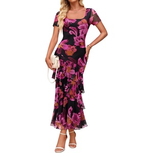 image:imageZESICA Womens Summer Floral Short Sleeve Bodycon Maxi Wedding Guest DressPurple