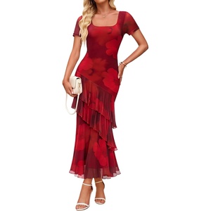 image:imageZESICA Womens Summer Floral Short Sleeve Bodycon Maxi Wedding Guest DressRed