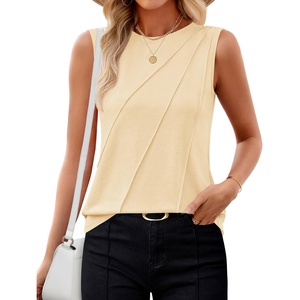image:imageZESICA Womens Summer Going Out Tops Sleeveless Crewneck Pleated Tank TopApricot