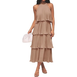 image:imageZESICA Womens Summer Halter Ruffle Wedding Guest Midi DressesKhaki