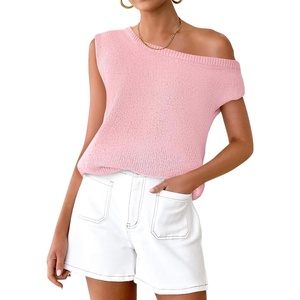 image:imageZESICA Womens Summer Off the Shoulder Short Sleeve Knit TopsPink