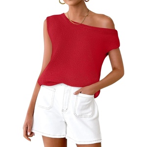 image:imageZESICA Womens Summer Off the Shoulder Short Sleeve Knit TopsRed