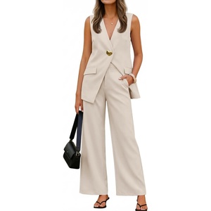 image:imageZESICA Womens Summer Sleeveless 2 Piece Blazer Suit SetsApricot