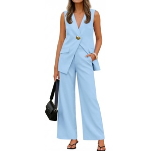 image:imageZESICA Womens Summer Sleeveless 2 Piece Blazer Suit SetsBlue