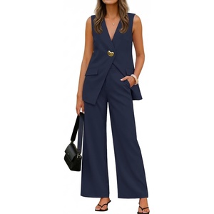 image:imageZESICA Womens Summer Sleeveless 2 Piece Blazer Suit SetsNavy