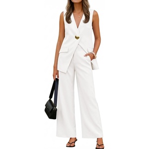 image:imageZESICA Womens Summer Sleeveless 2 Piece Blazer Suit SetsWhite