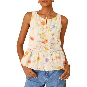 image:imageZESICA Womens Summer Sleeveless Gingham Tank Tops 2026 Crewneck Tie Front Top Loose Ruffle Peplum Babydoll BlousesApricot