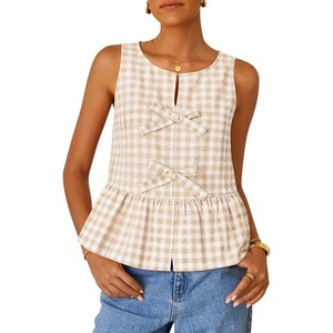 image:imageZESICA Womens Summer Sleeveless Gingham Tank Tops 2026 Crewneck Tie Front Top Loose Ruffle Peplum Babydoll BlousesBeige