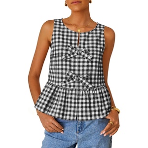 image:imageZESICA Womens Summer Sleeveless Gingham Tank Tops 2026 Crewneck Tie Front Top Loose Ruffle Peplum Babydoll BlousesBlack