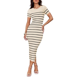 image:imageZESICA Womens Summer Striped Short Sleeve Bodycon Sweater DressApricot