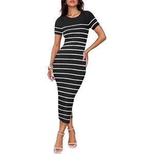image:imageZESICA Womens Summer Striped Short Sleeve Bodycon Sweater DressBlack