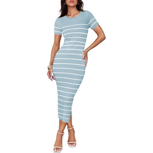 image:imageZESICA Womens Summer Striped Short Sleeve Bodycon Sweater DressLight Blue