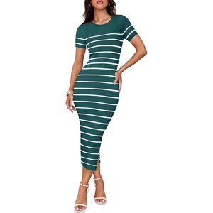 image:imageZESICA Womens Summer Striped Short Sleeve Bodycon Sweater DressTeal