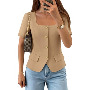 image:imageZESICA Womens Summer Vest Top Short Sleeve Blouse Suit Blazer Work OutfitsKhaki
