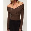 image:imageZESICA Womens 2026 Fall Long Sleeve Wrap Off Shoulder Y2K Going Out TopsBrown