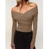 image:imageZESICA Womens 2026 Fall Long Sleeve Wrap Off Shoulder Y2K Going Out TopsLightbrown